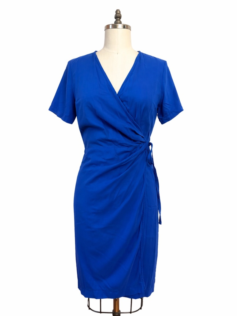 & Other Stories Short Sleeve Linen V Neck Short Wrap Dress Bright Royal Blue